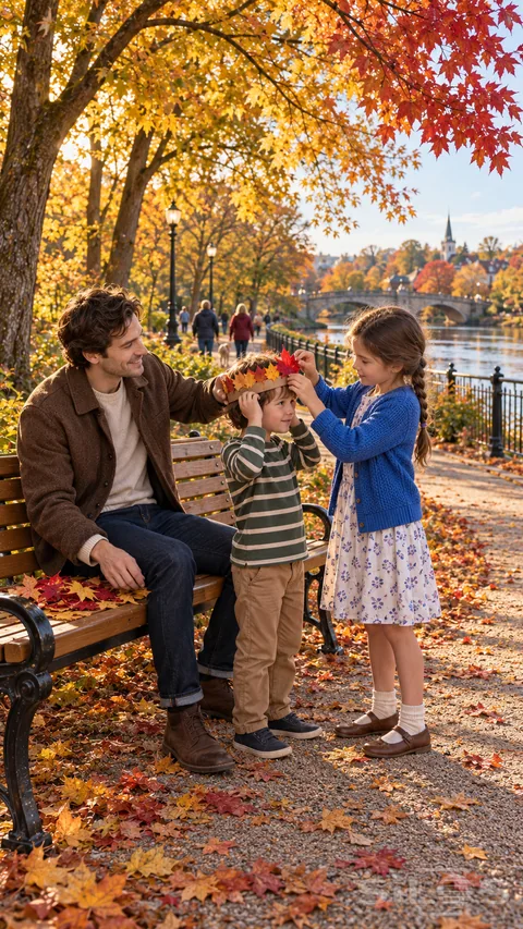 A girl adds a red leaf to her brother's crown while their father steadies it beside an autumn bench on a golden riverside path.