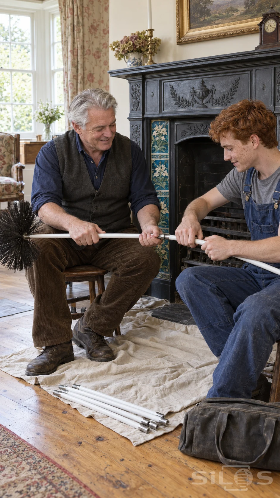 Two adult chimney sweeps connect white cleaning rods to a chimney brush beside a cold cast-iron fireplace with floral tiles.