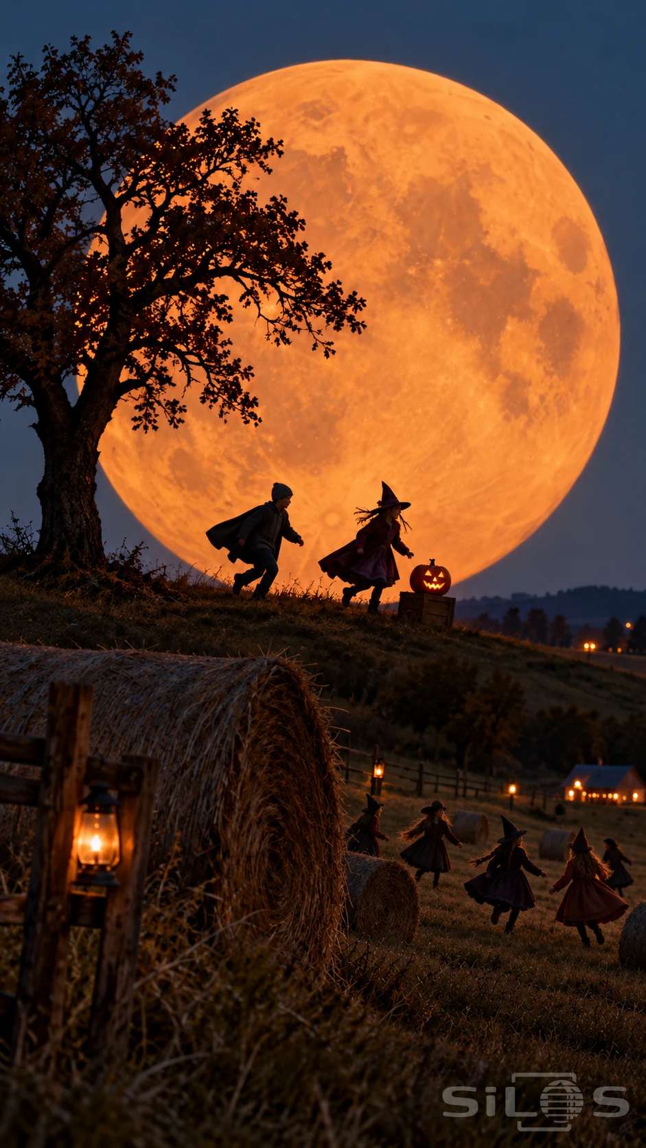 Girls in witch hats and full skirts play among hay bales below two children, an oak and an enormous orange harvest moon.
