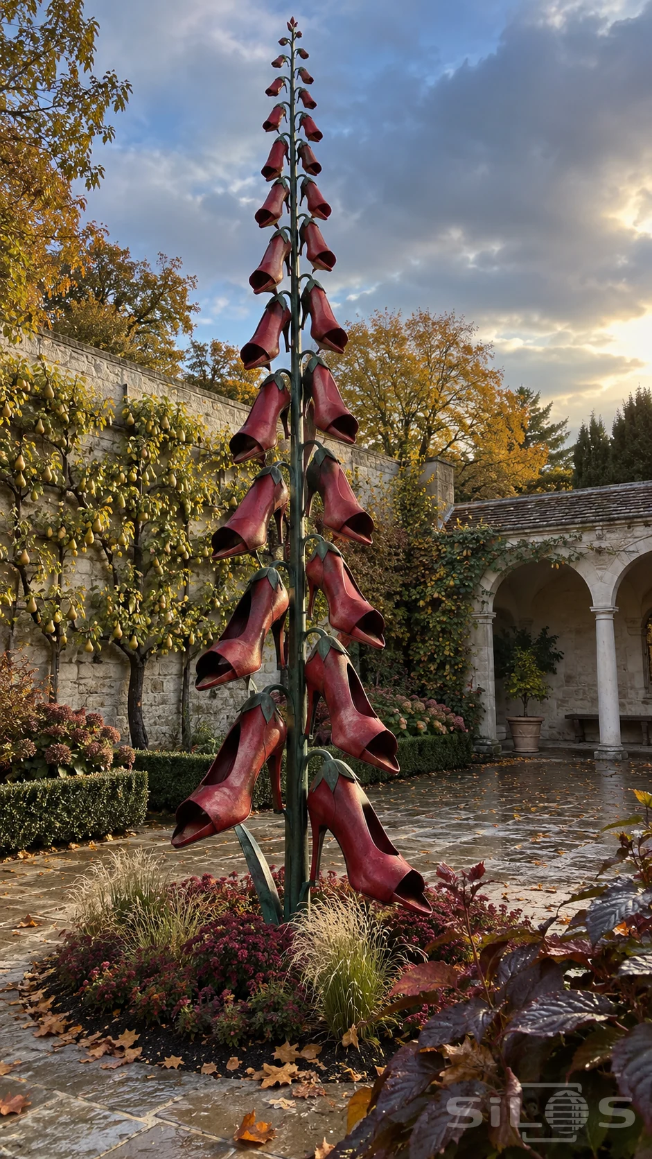 A tall green metal stalk carries red high-heel shoe sculptures above burgundy flowers in an autumn stone courtyard.