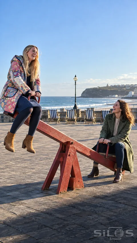 A woman in a floral patchwork quilt coat laughs on the raised end of a red seesaw opposite a friend beside the sea.