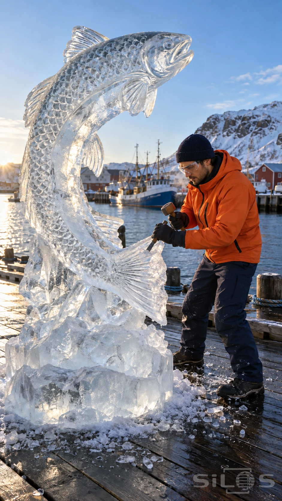 An adult ice sculptor works beside a tall ice fish sculpture on a dark winter harbor deck.