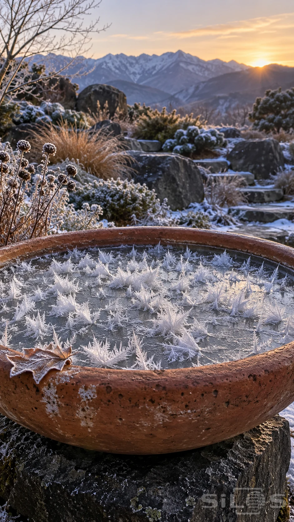 Delicate frost feathers spread over icy water in a terracotta basin on a dark stone pedestal within a snowy winter garden.