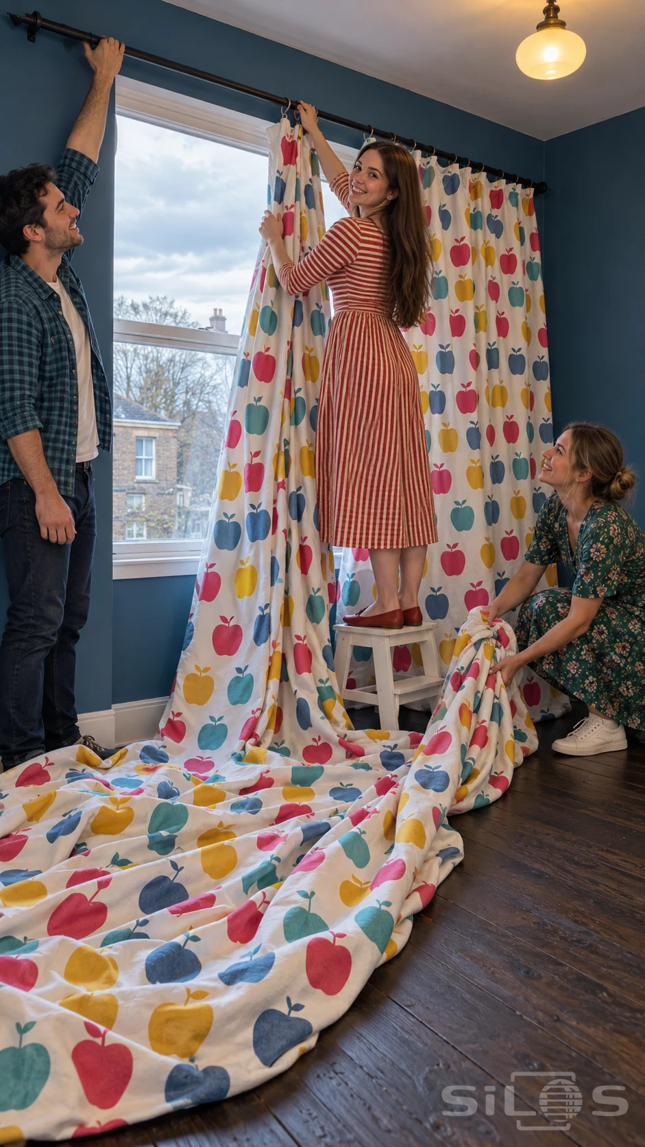 Three adults hang apple curtains in a blue community room, lifting the gathered fabric beside a low step platform.