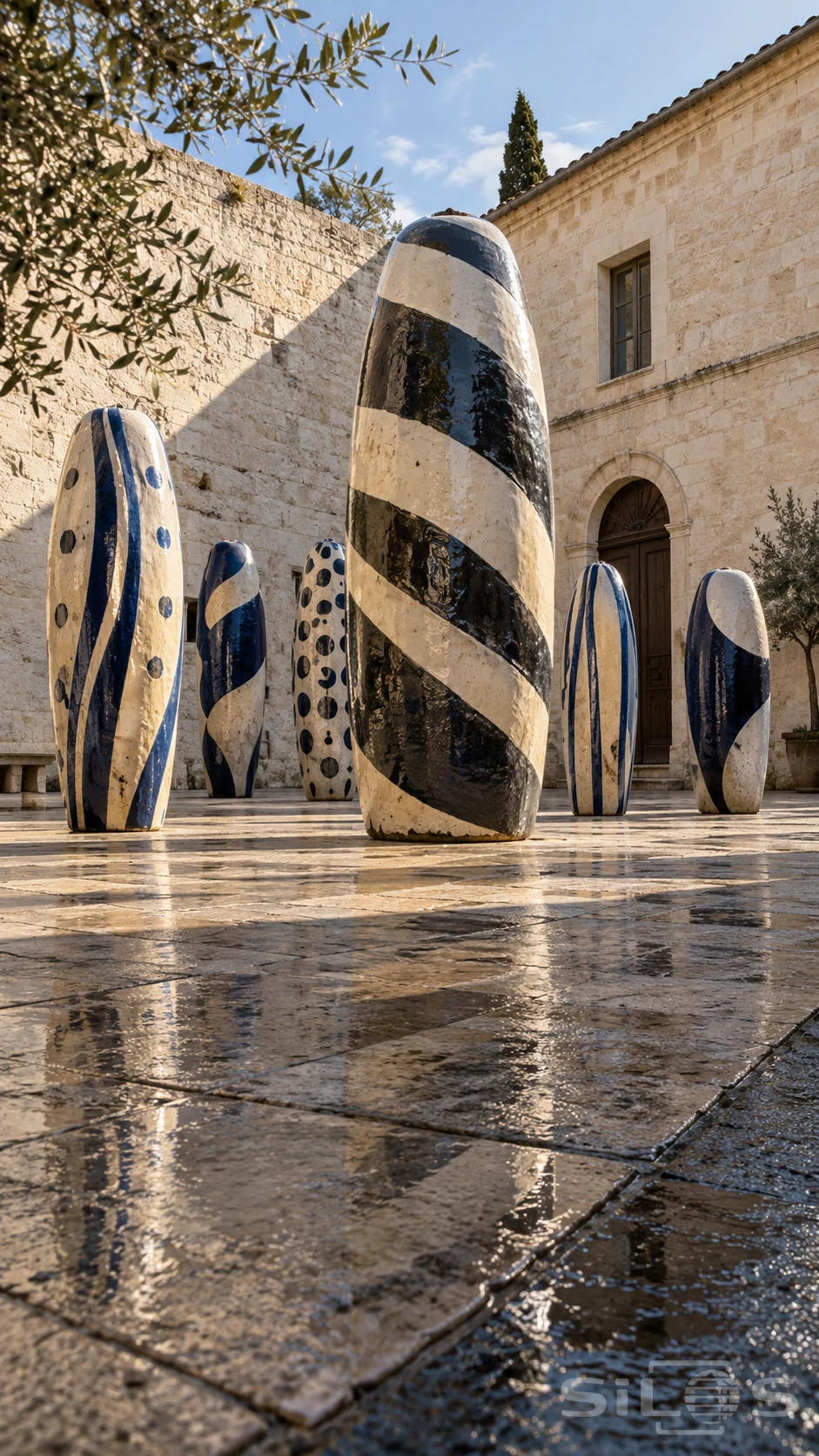 Giant cream ceramic ovals with black stripes and cobalt patterns stand in a sunlit stone courtyard.