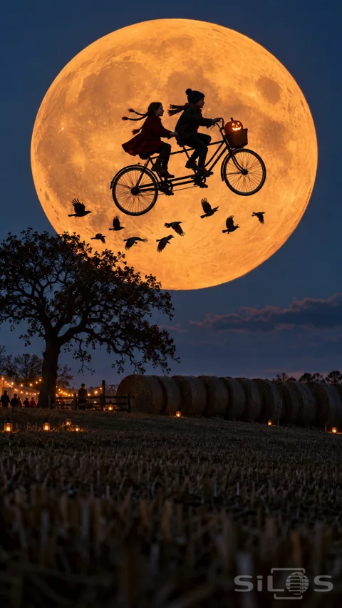 Two children on a flying tandem bicycle cross a giant orange moon above crows; hay bales and a lantern-lit field.