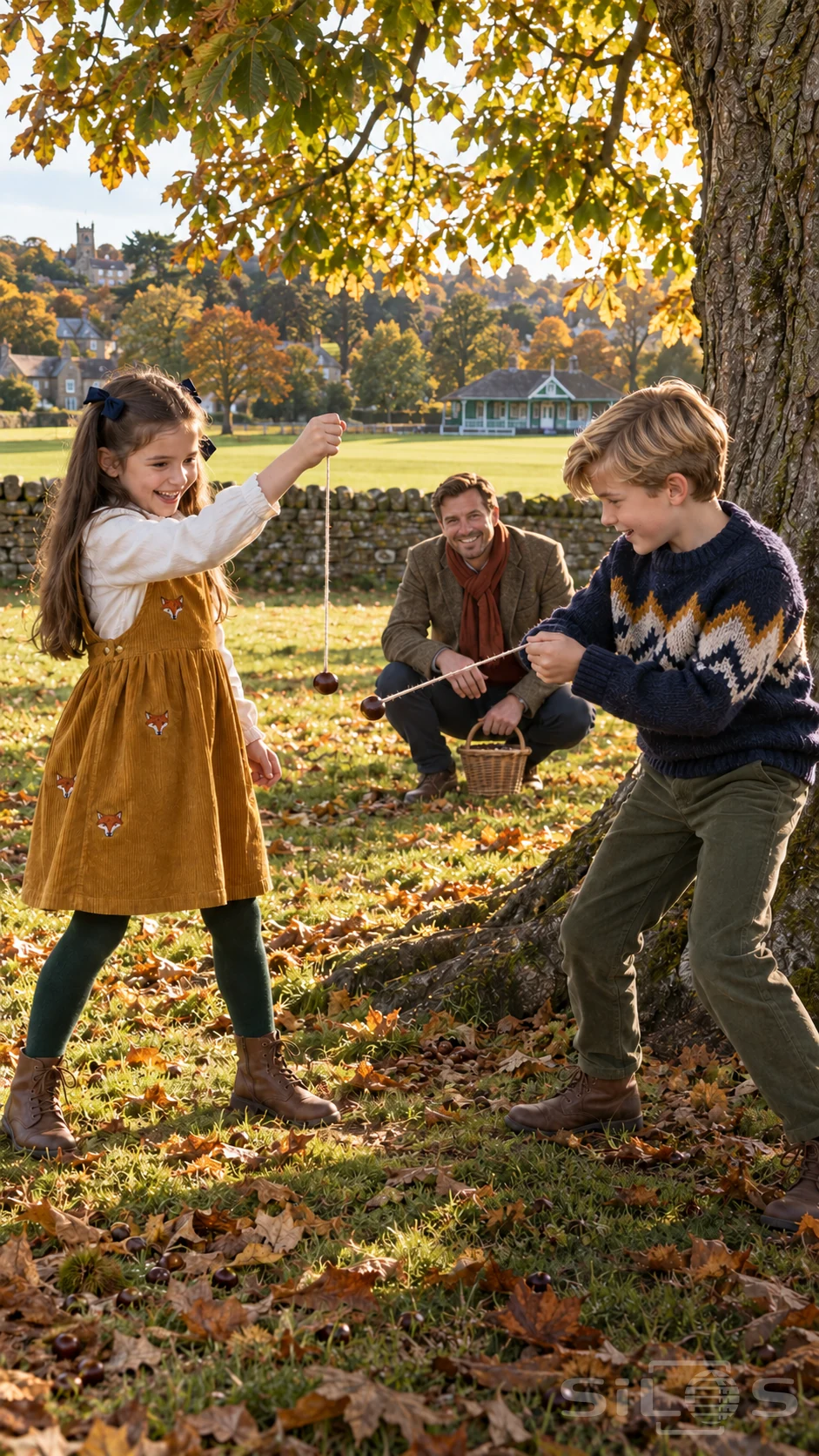 Children playing conkers beneath a chestnut tree, a girl in a fox pinafore and a boy in a patterned sweater, with their father watching.