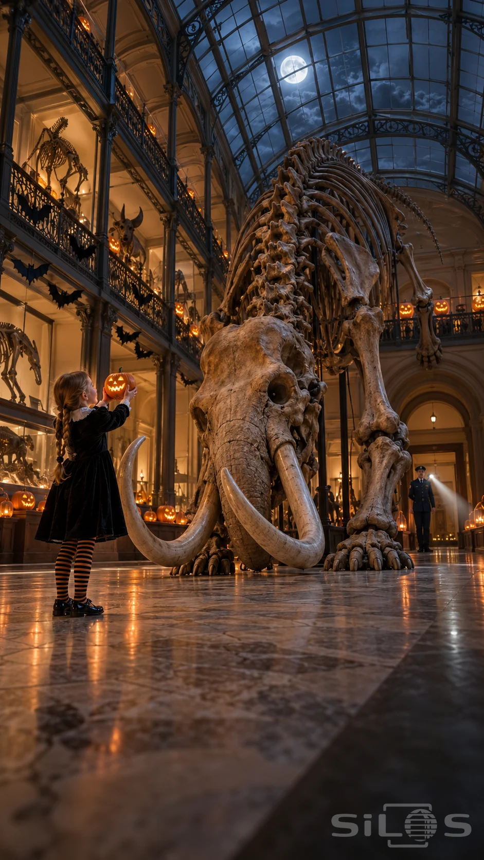 A girl raises a glowing pumpkin toward a bowed mammoth skeleton in a vast moonlit museum decorated for Halloween.