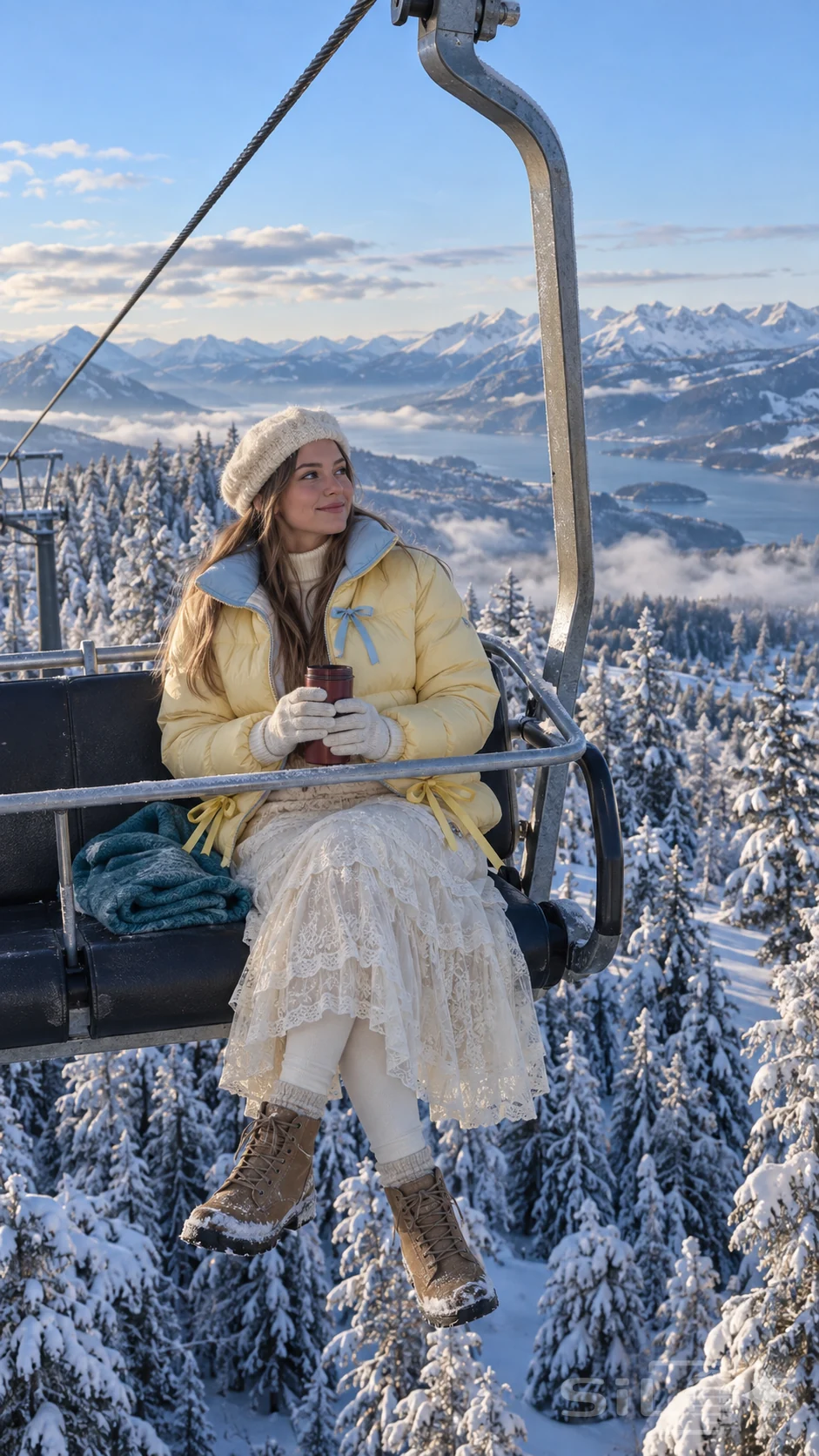 A woman in a pale yellow ribbon puffer and ivory lace skirt holds a cup on a chairlift above snowy fir trees.
