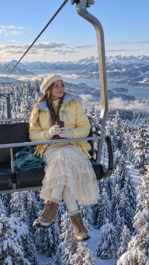 A woman in a pale yellow ribbon puffer and ivory lace skirt holds a cup on a chairlift above snowy fir trees.