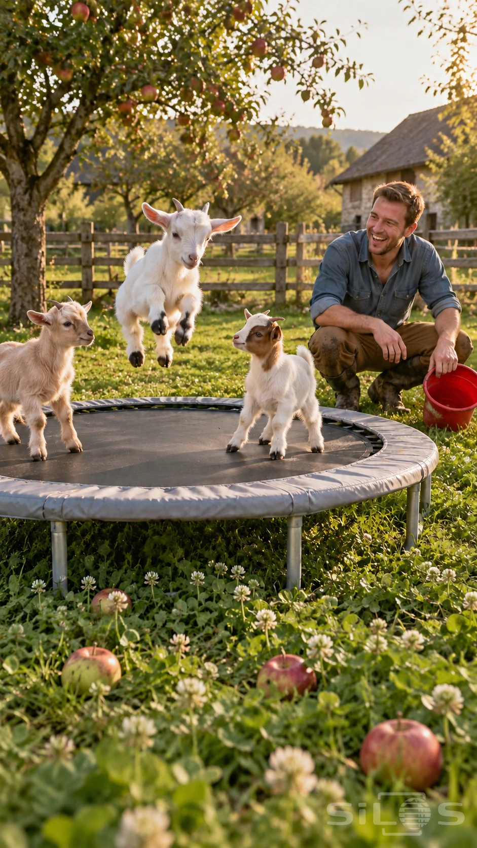 Three goats on a trampoline in an orchard while a crouching farmer laughs beside its padded edge.
