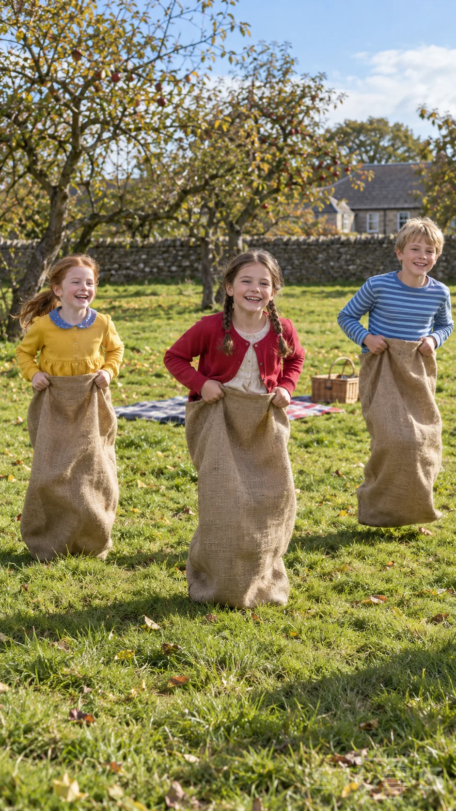 Three children hold hessian sacks during a sack race in a sunny school orchard with apple trees and picnic blankets.
