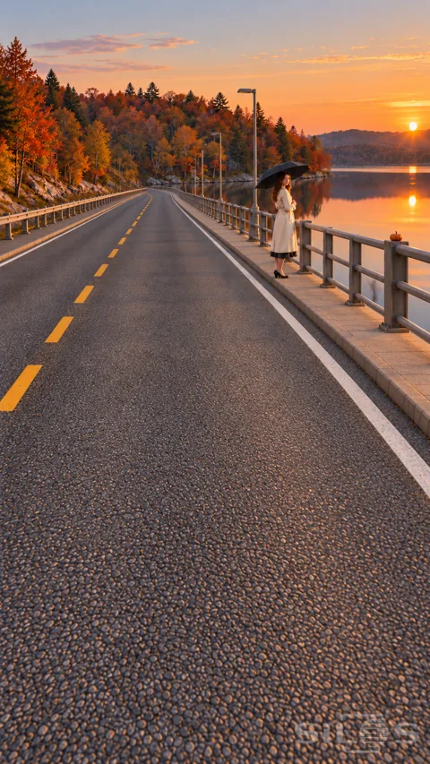 A woman with a black umbrella stands beside the railing of an empty bridge above a golden autumn lake