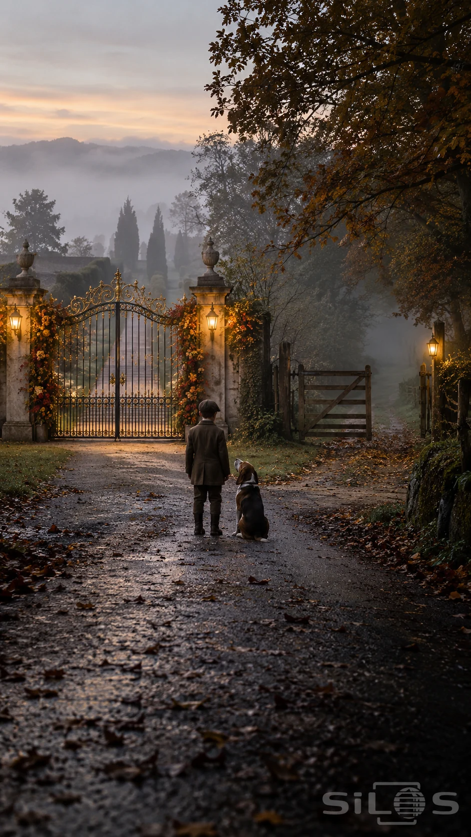 A boy and hound face an ornate golden gate and a simple wooden gate on a misty autumn road.