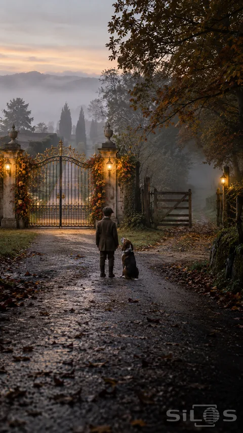 A boy and hound face an ornate golden gate and a simple wooden gate on a misty autumn road.