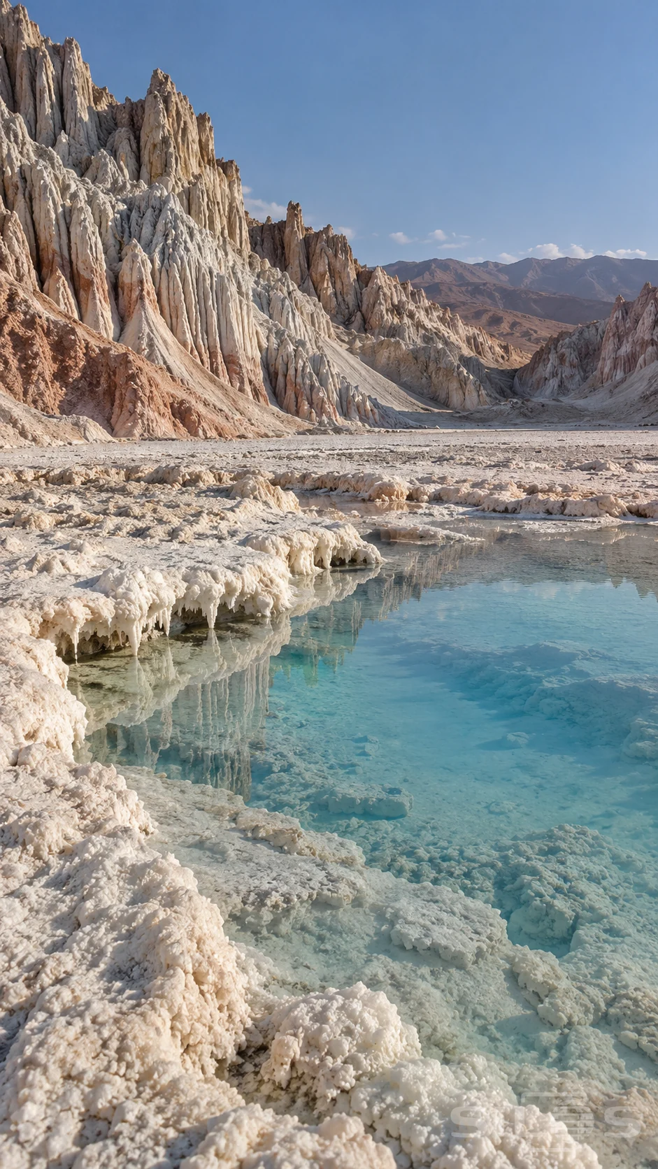 Salt dome ridges with rusty fluted walls rise above quiet brine and white mineral shelves in an open desert valley.