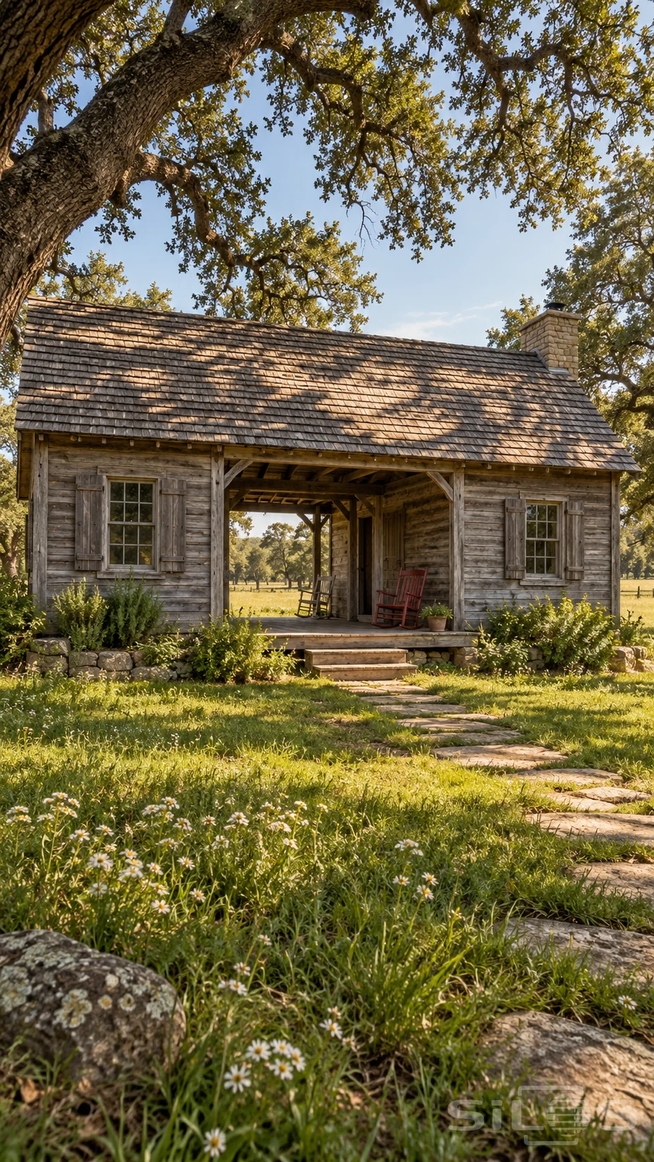 Dogtrot breezeway opens through a weathered timber house with rocking chairs and a summer meadow beyond.