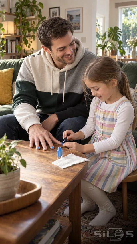 A girl applies blue nail polish to her father's hand at a low table while he smiles beside her on a green sofa.