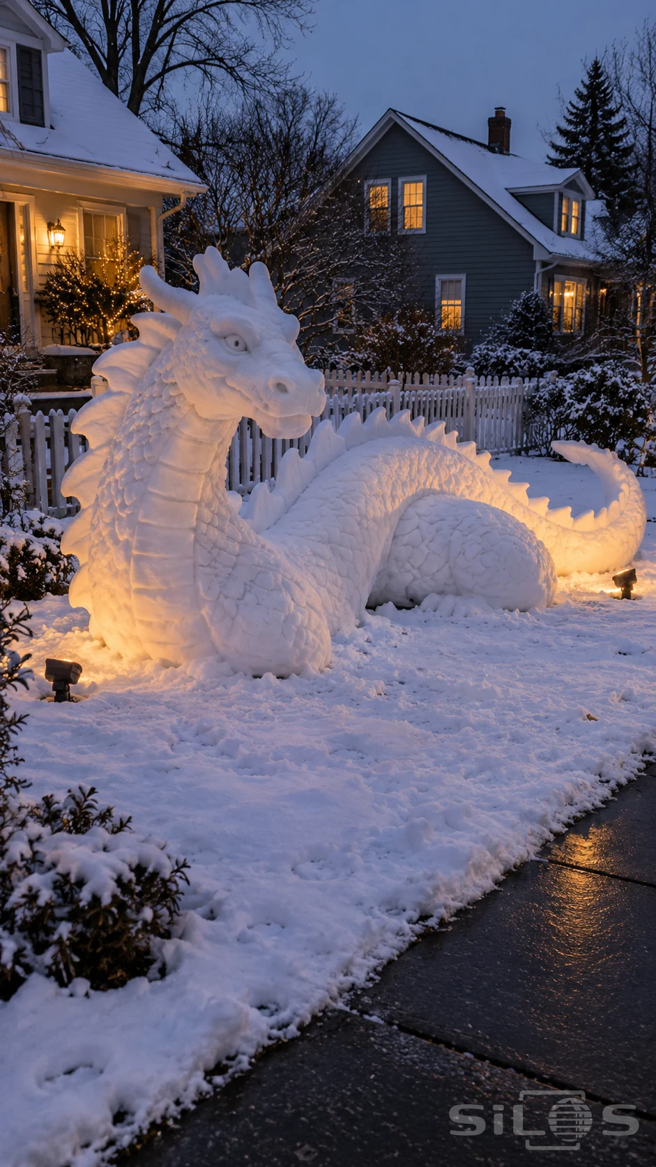 A snow dragon with carved scales and a curled tail rests in a lit front yard behind a wet cleared path.