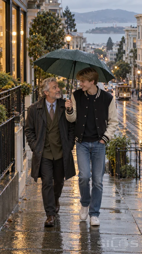 A father and teenage son share a green umbrella on a rainy umbrella walk up a steep street.