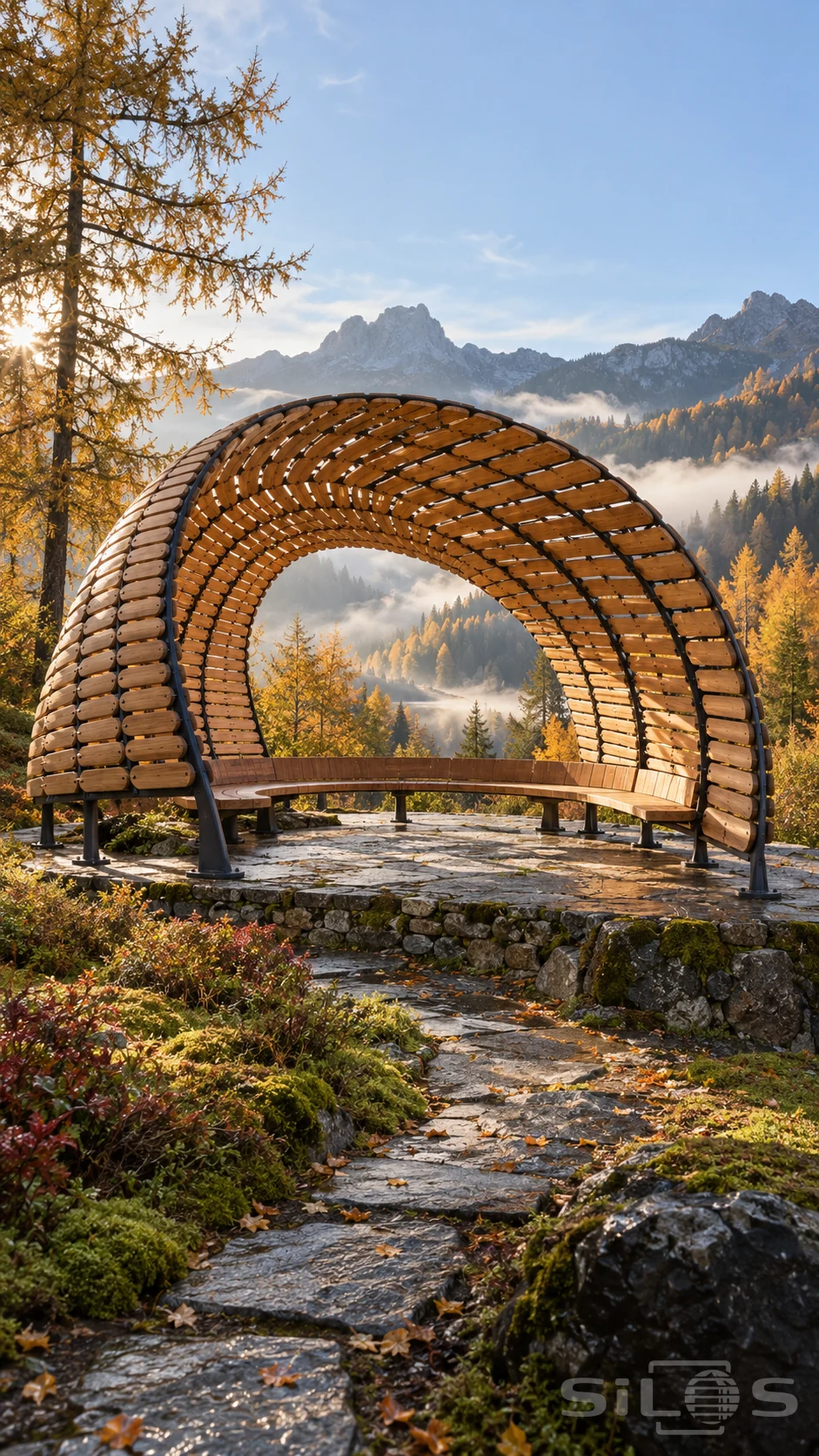 A curved cedar paddle shelter and bench stand on a stone terrace above golden trees and a misty mountain valley.