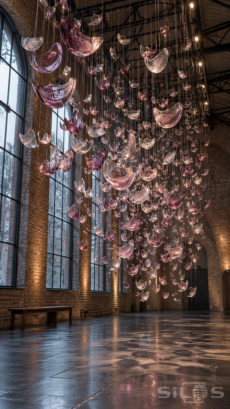 Pink and clear cupped glass crescents hang on fine threads in a tall brick hall with arched windows and a dark stone floor.