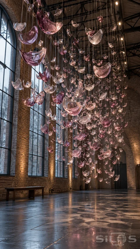 Pink and clear cupped glass crescents hang on fine threads in a tall brick hall with arched windows and a dark stone floor.