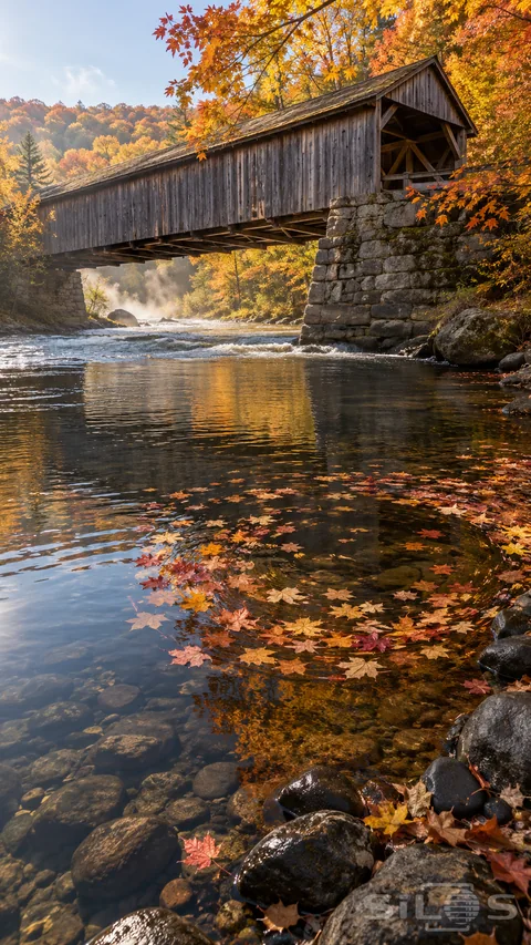 An autumn leaf eddy circles in clear water below a covered bridge resting on large stone piers amid golden woodland.