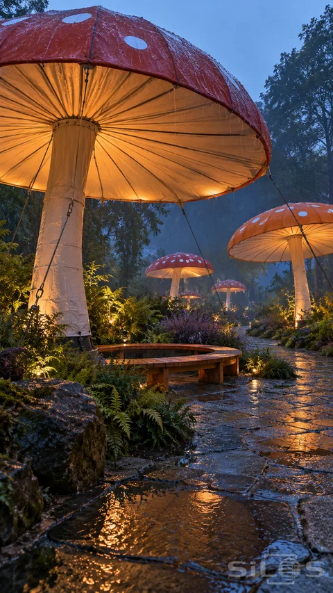 Enormous illuminated fabric caps rise over an empty mushroom garden with ferns; a curved bench and a wet stone path in evening rain.