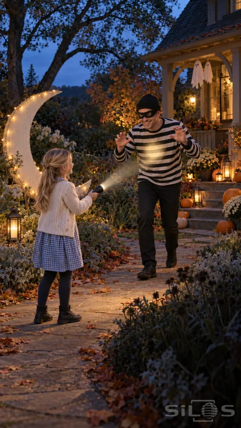 A smiling father in a striped burglar costume steps toward his daughter as her flashlight lights his chest in a decorated garden.