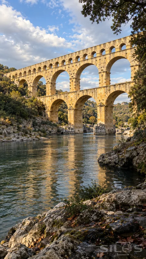 Three-tier golden stone aqueduct crossing a calm river; with rocky banks; leafy trees and soft clouds.