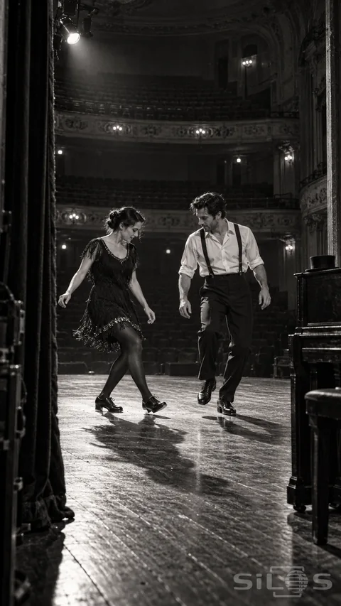 Two adult dancers practice a tap duet beneath a stage lamp in an empty theater; with a piano and top hat beside them.