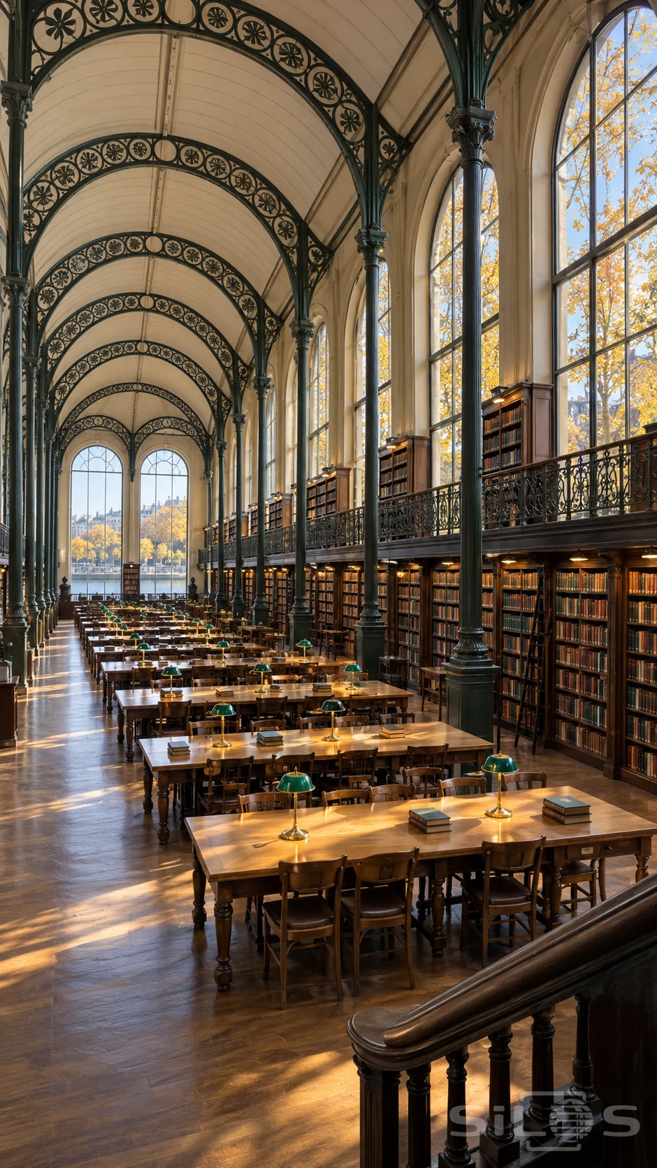 Empty library with tall iron arches, two levels of bookcases, green reading lamps and autumn light through arched windows.