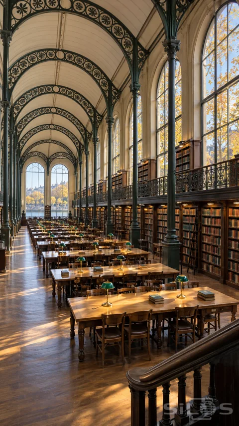 Empty library with tall iron arches; two levels of bookcases; green reading lamps and autumn light through arched windows.