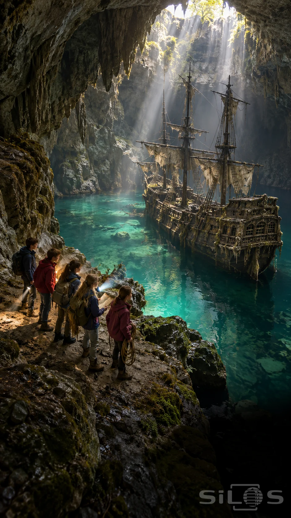 Five children stand on a broad rocky ledge above an old three-masted galleon in a turquoise sea-cave lagoon