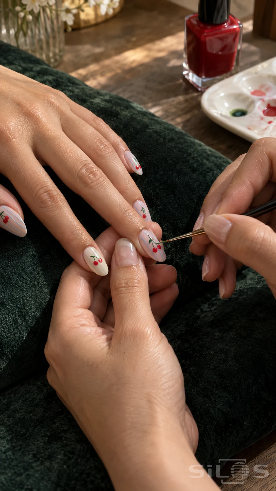 Nail artist paints a tiny green stem on cherry striped nails with blue pinstripes above a green velvet cushion.