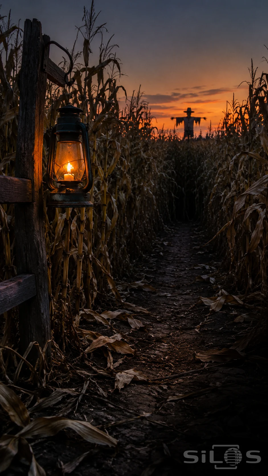 An iron candle lantern hangs from a wooden post beside a dark cornfield path with a scarecrow against the orange horizon.
