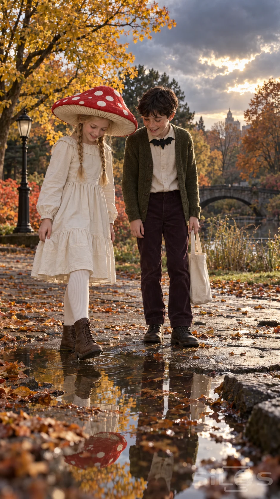 Two children in mushroom and bat costumes smile down at their puddle mirror beneath golden park trees after rain.