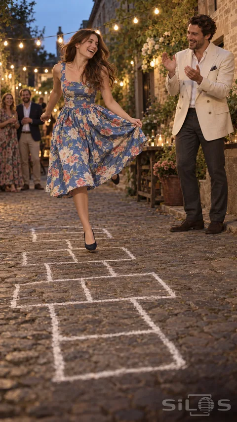 A woman in a blue floral dress hops on a chalk grid while a man in a cream jacket cheers beside her.