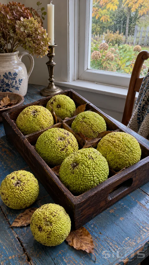 Knobbly green Osage oranges sit in a divided wooden desk tray and on a worn blue table beside a rain-speckled autumn window.