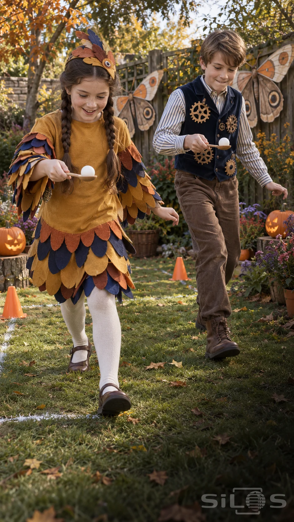 Halloween spoon race with two children balancing white eggs in wooden spoons, wearing a felt bird costume and clockwork waistcoat.