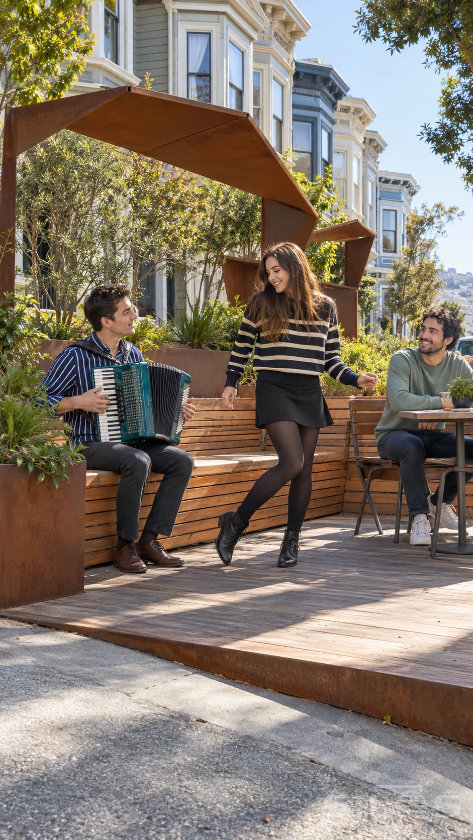 A parklet accordion player watches his friend dance while a third friend sits beside cedar benches and planted screens.