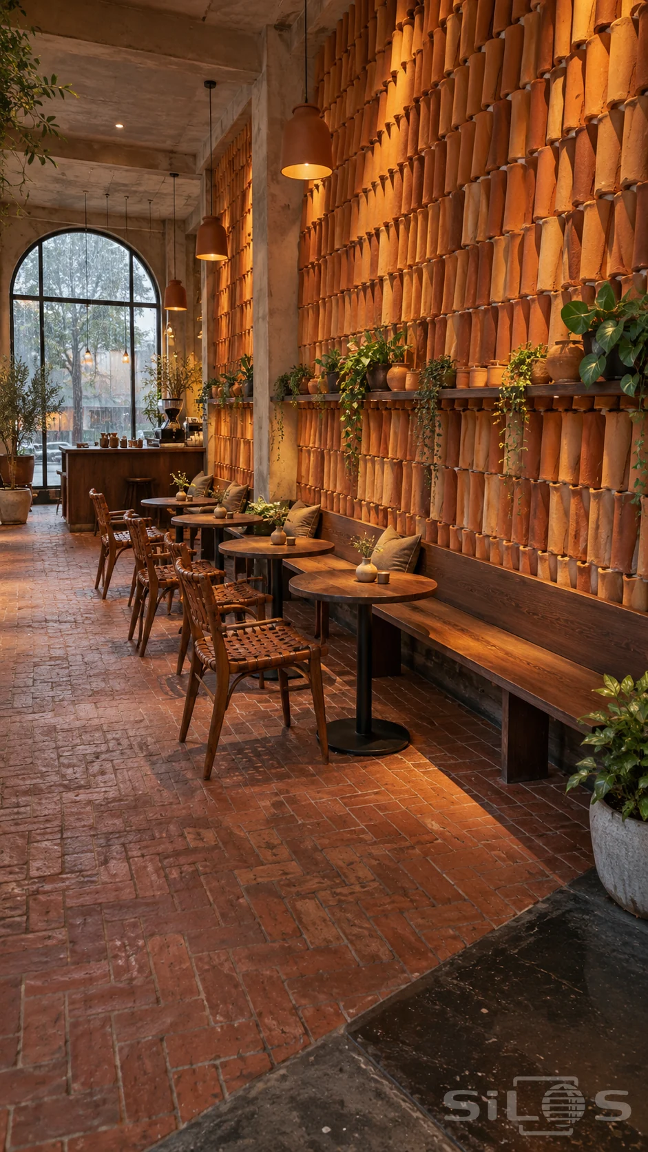 Terracotta roof tiles cover a cafe wall above a walnut bench and round tables beside a tall rainy window.