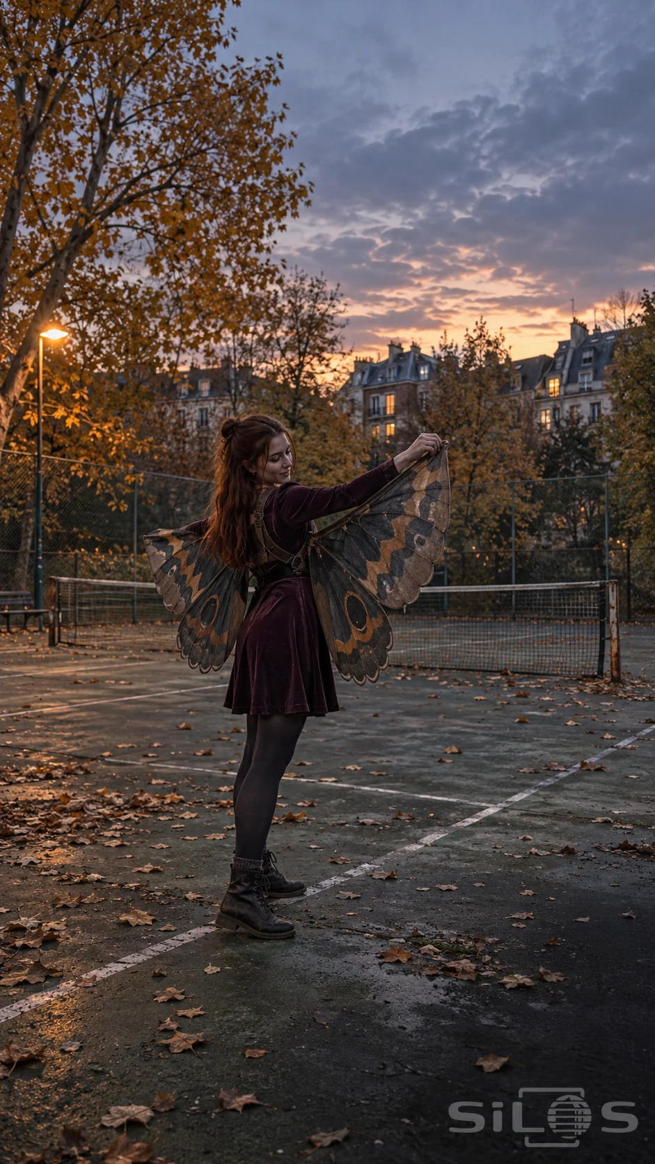 Moth wings in brown and ochre spread behind a woman in a plum velvet dress on a leaf-strewn tennis court at dusk.