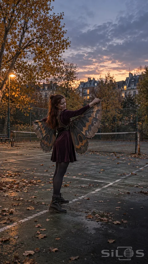 Moth wings in brown and ochre spread behind a woman in a plum velvet dress on a leaf-strewn tennis court at dusk.