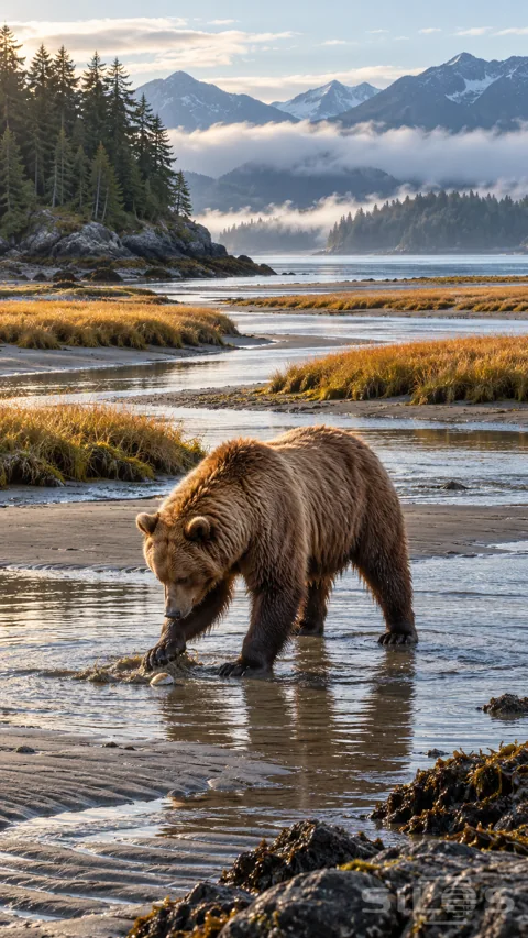 A brown bear paws wet sand in a tidal channel; with gold sedge islands; spruce headlands and misty mountains behind it.