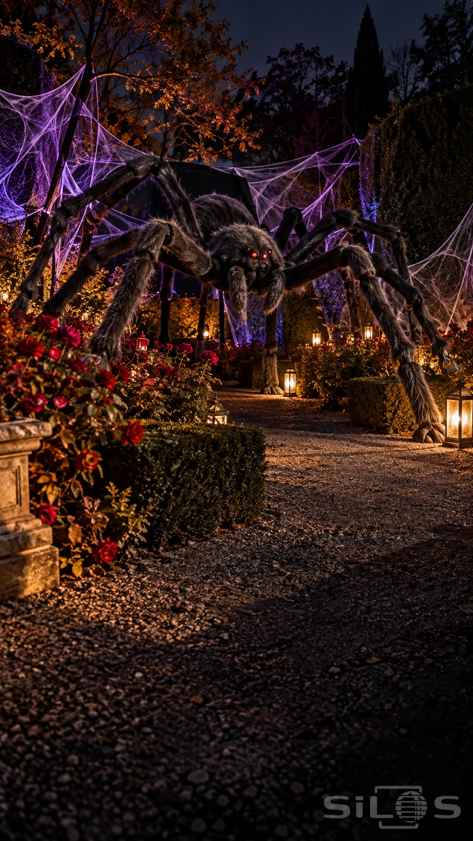 A giant spider prop stands across a gravel garden path, with fuzzy gray legs, glowing eyes, gauze webs and lanterns.