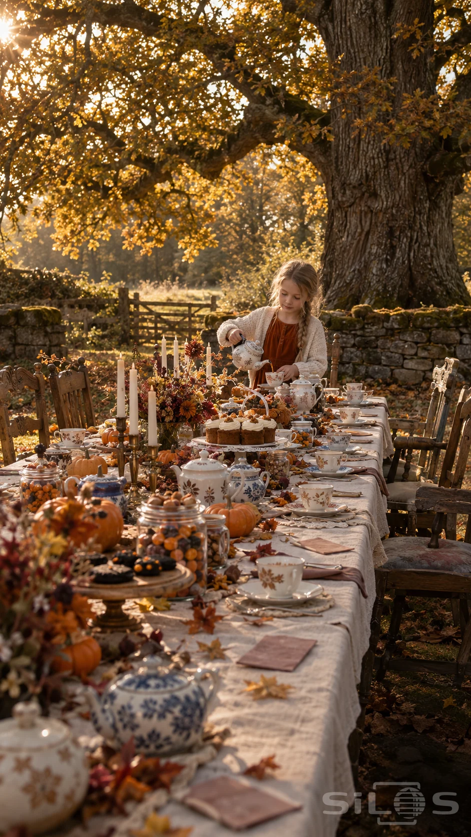 A girl in a rust dress and cream cardigan pours tea at a long table of mismatched china, cakes and pumpkins beneath an autumn oak.