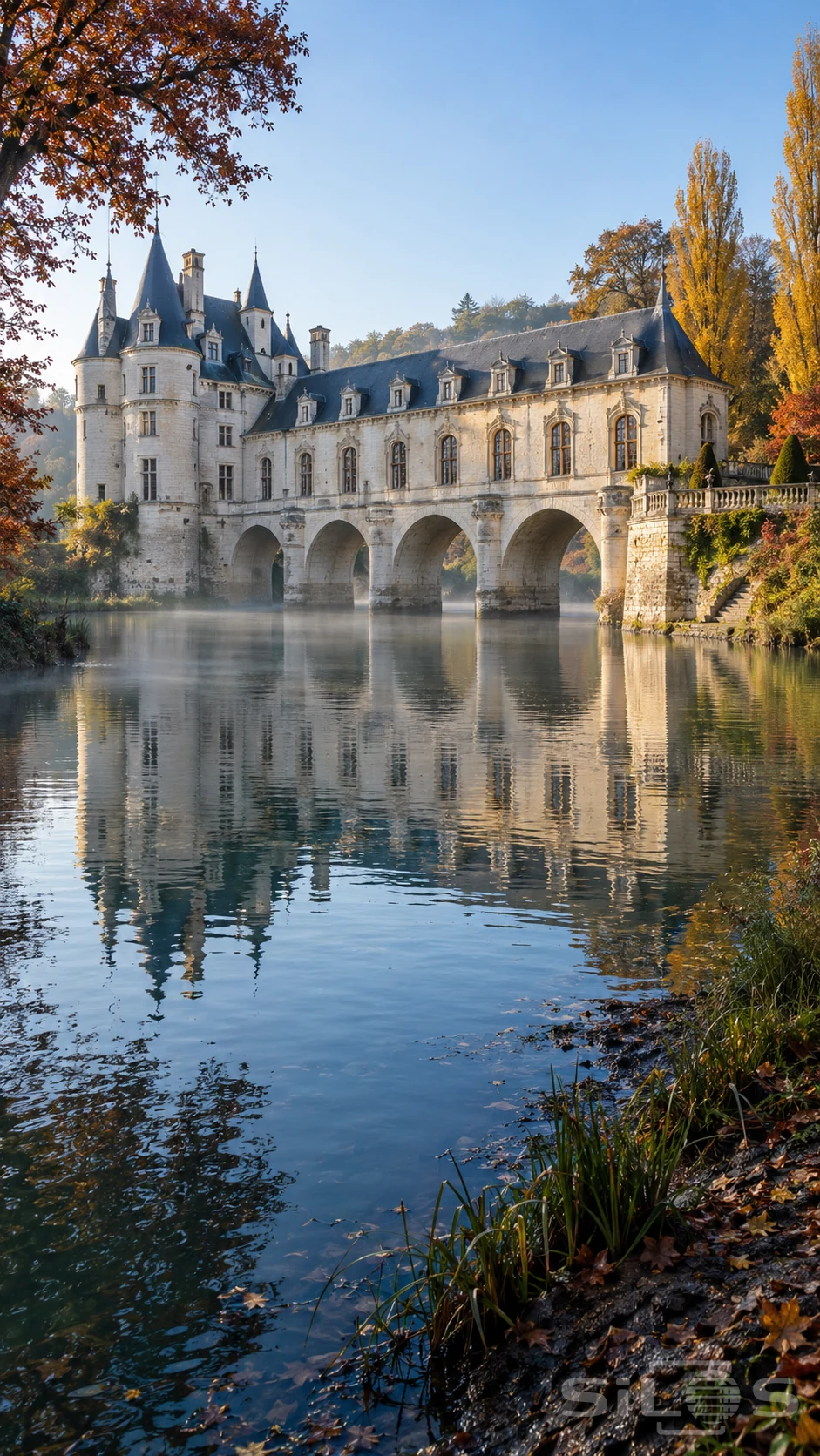 A pale stone castle with slate turrets and a long arched gallery reflects in a blue river framed by copper and golden autumn trees.