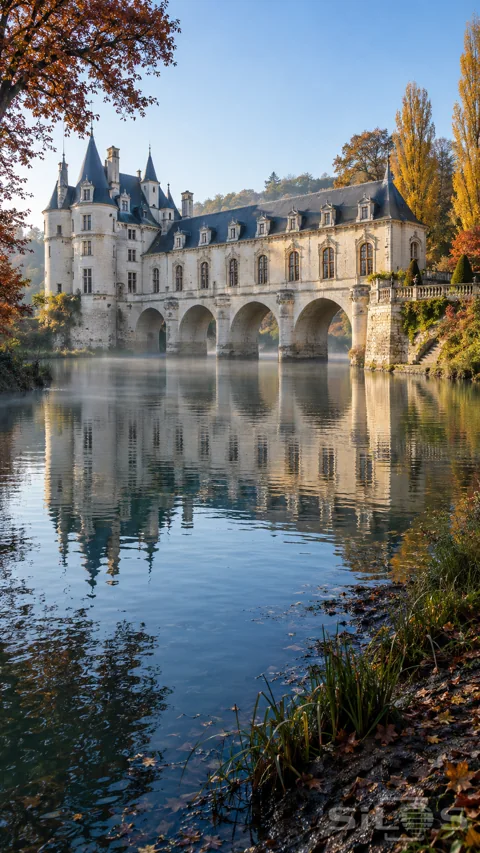A pale stone castle with slate turrets and a long arched gallery reflects in a blue river framed by copper and golden autumn trees.